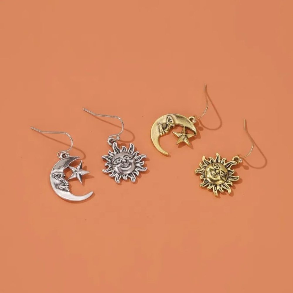 Antique Aged Silver Celestial Crescent Moon & Sun Face Boho Dangle Earrings NEW - Picture 2 of 8
